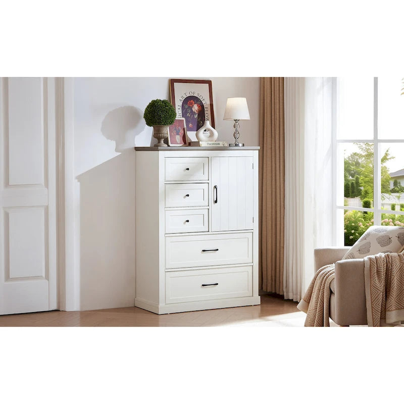 Commode haute de style champêtre à 5 tiroirs, rangement et organisation pour le salon
