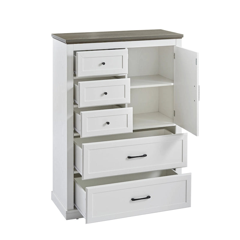 Commode haute de style champêtre à 5 tiroirs, rangement et organisation pour le salon