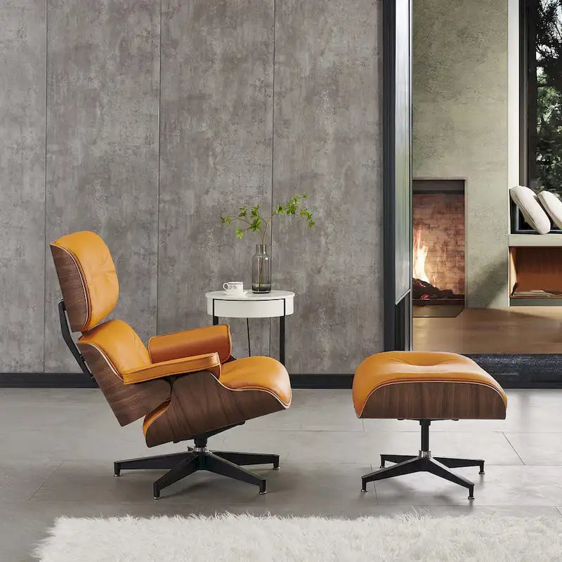 Mid-century Modern Lounger Real Leather Arm Chair and Ottoman Set