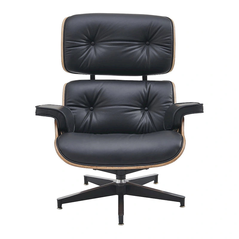 Ensemble fauteuil de détente et ottoman moderne du milieu du siècle en cuir véritable
