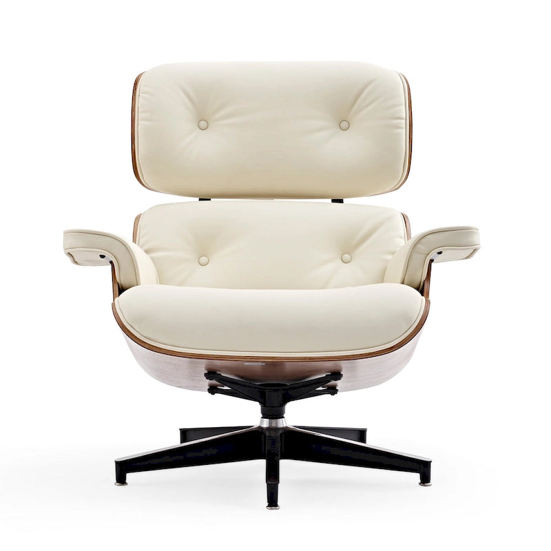Ensemble fauteuil de détente et ottoman moderne du milieu du siècle en cuir véritable