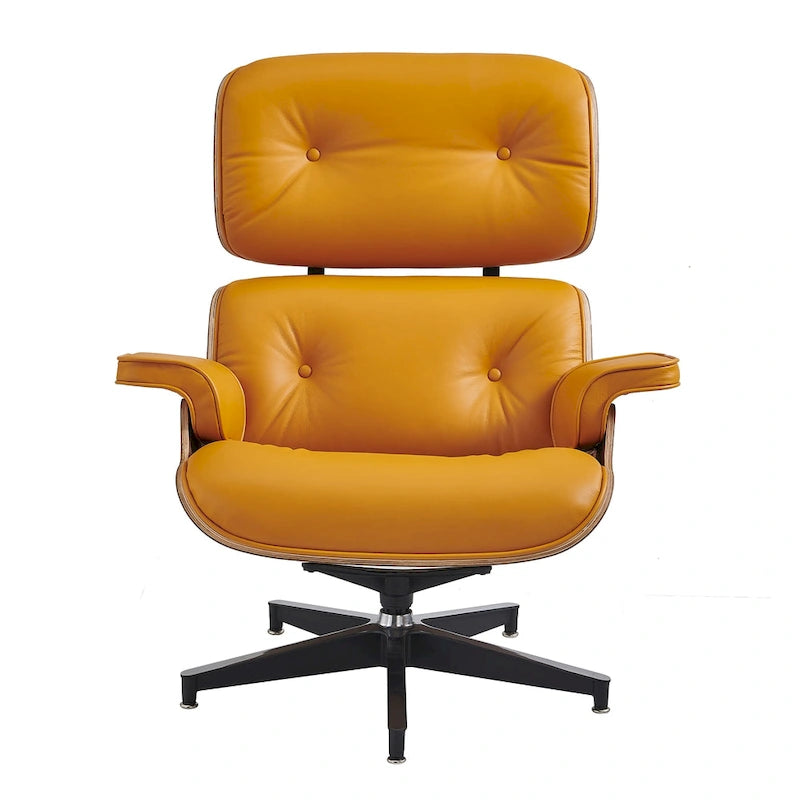 Ensemble fauteuil de détente et ottoman moderne du milieu du siècle en cuir véritable