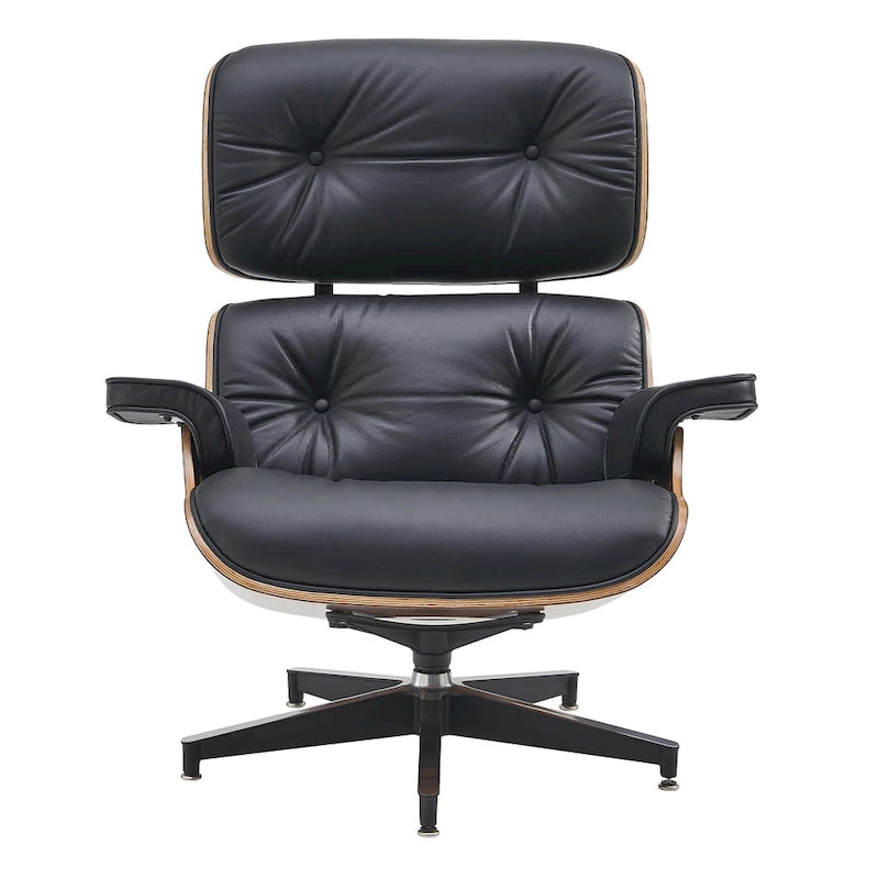 Ensemble fauteuil de détente et ottoman moderne du milieu du siècle en cuir véritable