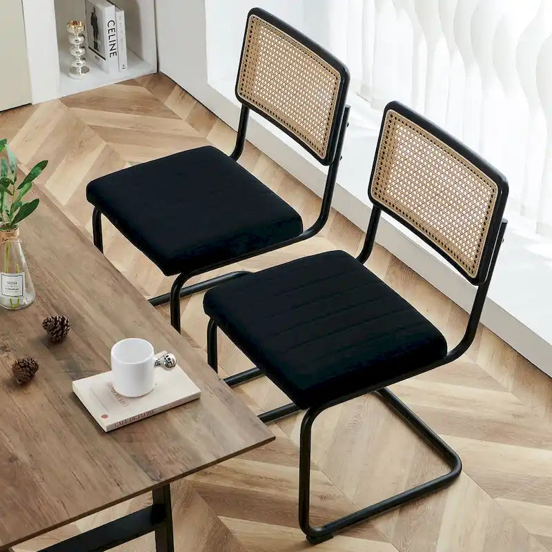 Esszimmerstühle aus Rattan mit Samtbezug, 2er-Set