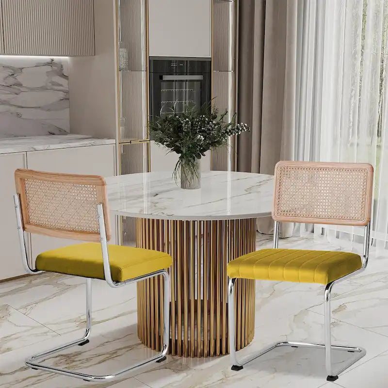 Esszimmerstühle aus Rattan mit Samtbezug, 2er-Set