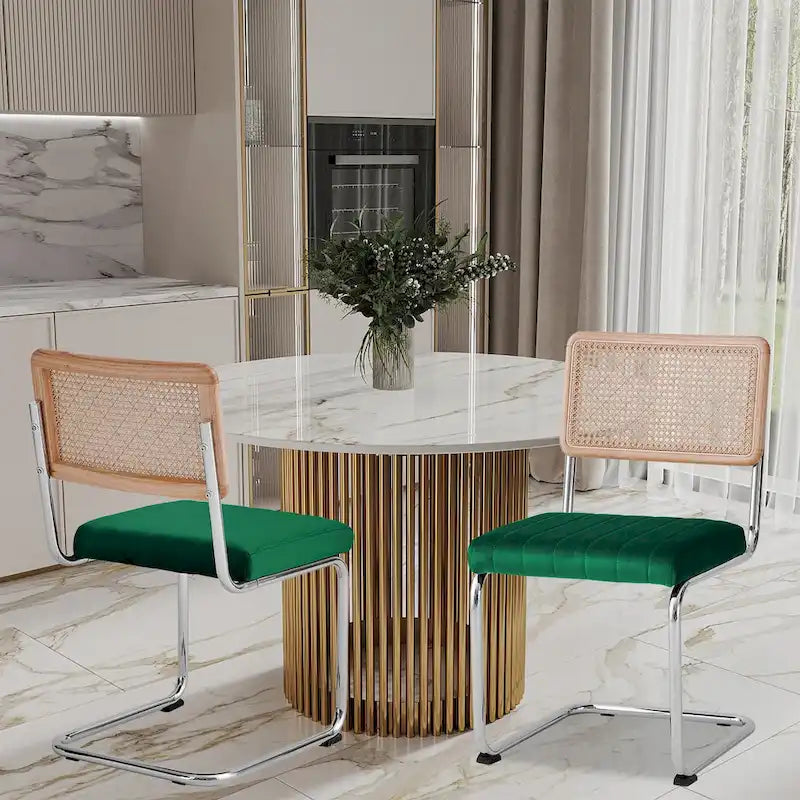 Lot de 2 chaises de salle à manger en rotin rembourrées de velours