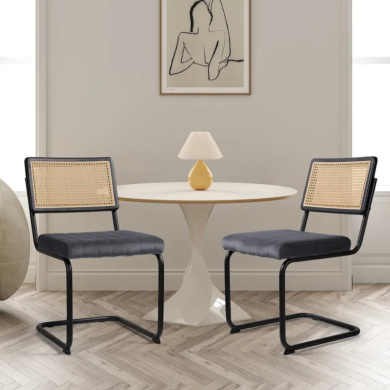 Lot de 2 chaises de salle à manger en rotin rembourrées de velours