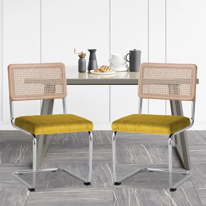 Lot de 2 chaises de salle à manger en rotin rembourrées de velours