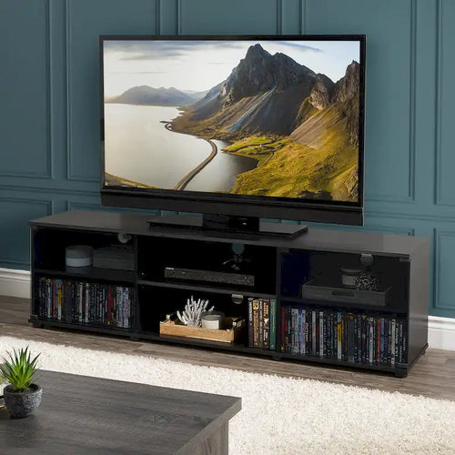Fiji Black TV Stand with Glass Doors, For TVs up to 85 Inches