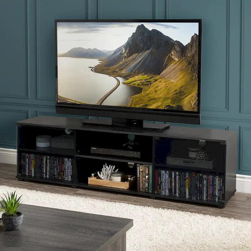 Meuble TV noir avec portes en verre, pour téléviseurs jusqu’à 85 pouces