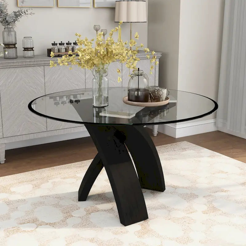 Mesa de comedor redonda contemporánea con tablero de vidrio de 52 pulgadas