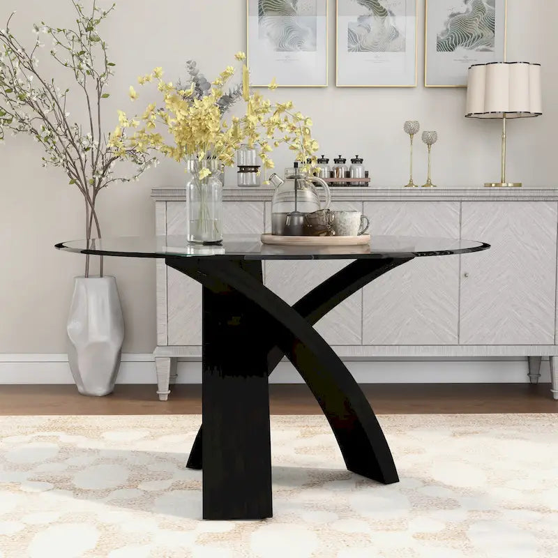 Mesa de comedor redonda contemporánea con tablero de vidrio de 52 pulgadas