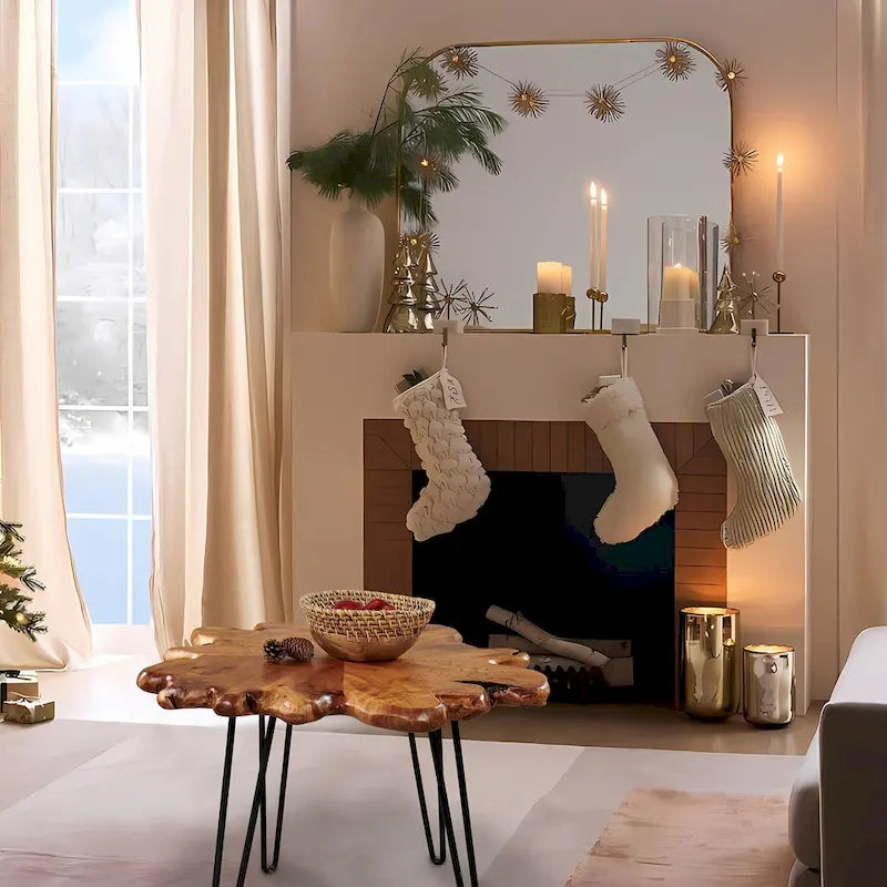 Couchtisch aus Massivholz mit natürlicher Kante, Tisch aus 4 Platten mit Haarnadelbeinen