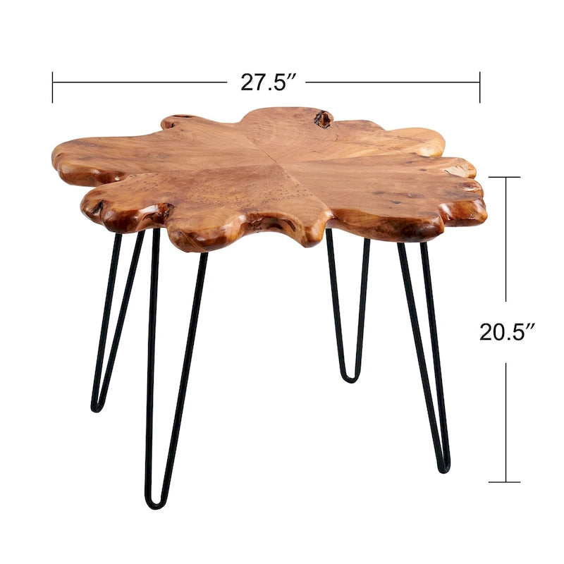Couchtisch aus Massivholz mit natürlicher Kante, Tisch aus 4 Platten mit Haarnadelbeinen