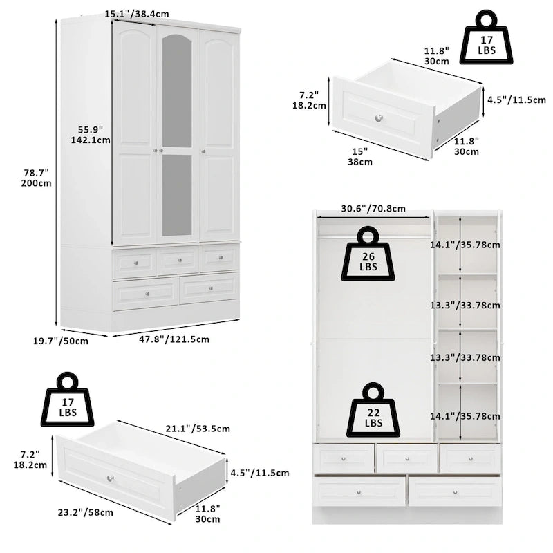Armoire-penderie double avec miroirs en façade et rangement
