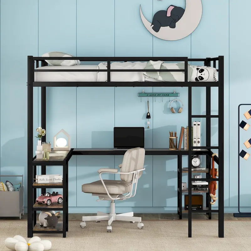 Vollmetall-Hochbett mit Schreibtisch und Regalen, Hochbett mit Leiter und Schutzgeländern, Hochbettgestell fürs Schlafzimmer, Schwarz