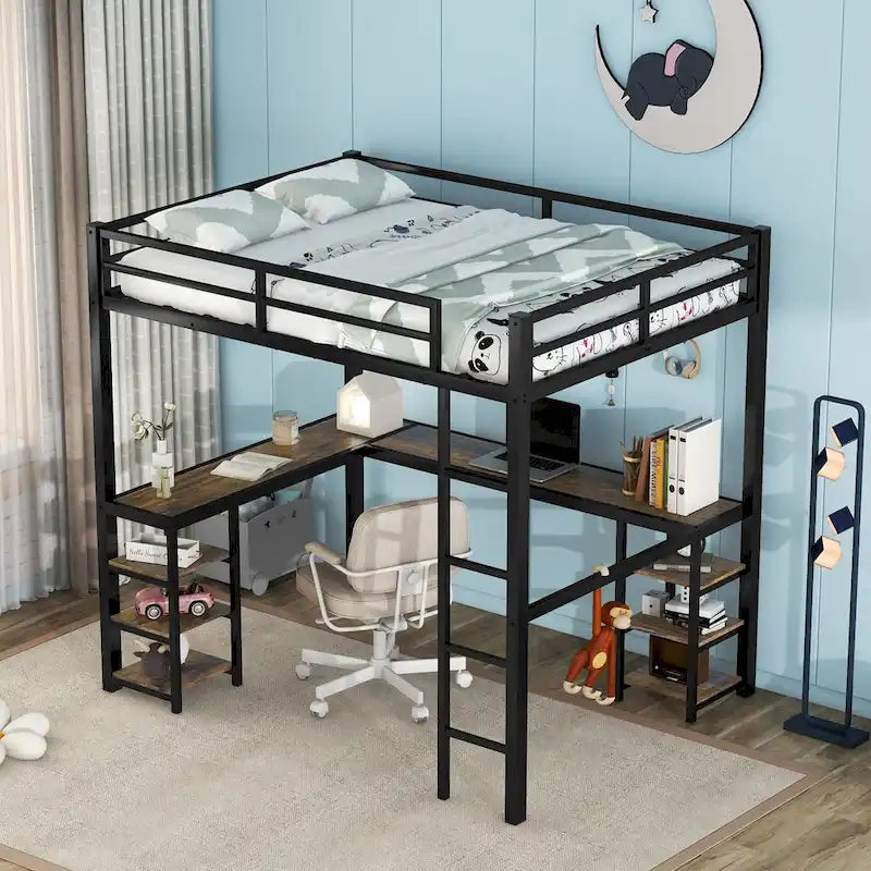 Vollmetall-Hochbett mit Schreibtisch und Regalen, Hochbett mit Leiter und Schutzgeländern, Hochbettgestell fürs Schlafzimmer, Schwarz