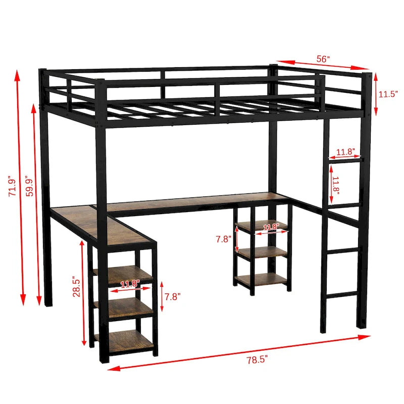 Vollmetall-Hochbett mit Schreibtisch und Regalen, Hochbett mit Leiter und Schutzgeländern, Hochbettgestell fürs Schlafzimmer, Schwarz