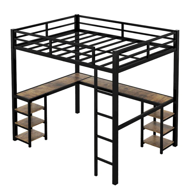 Vollmetall-Hochbett mit Schreibtisch und Regalen, Hochbett mit Leiter und Schutzgeländern, Hochbettgestell fürs Schlafzimmer, Schwarz