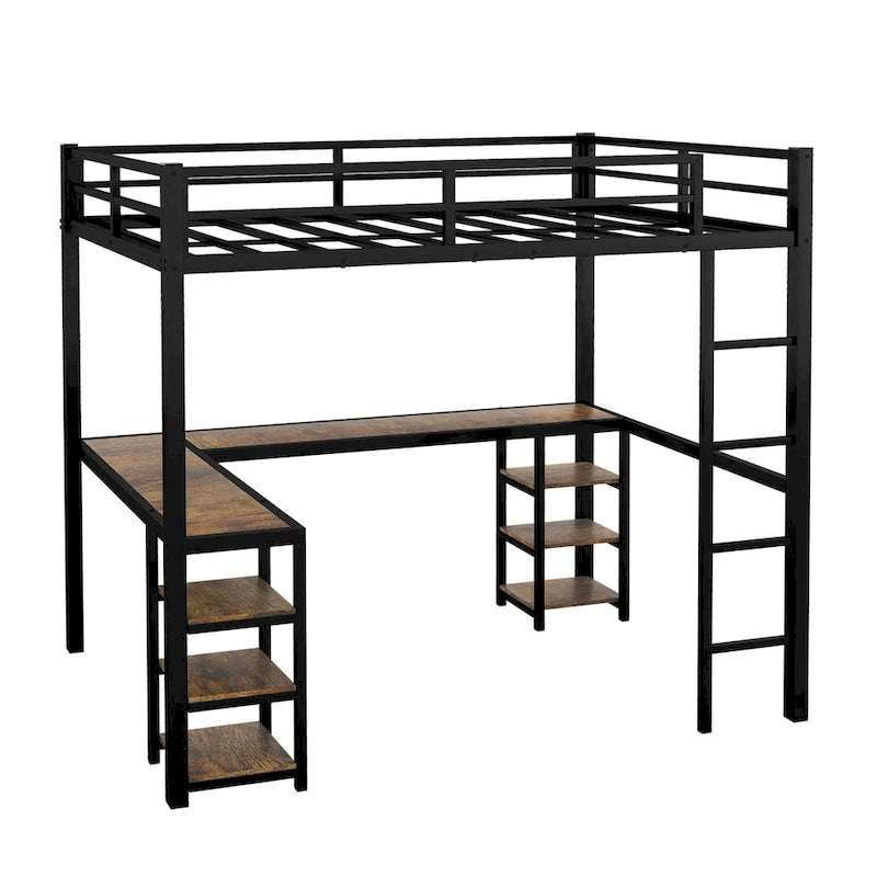 Vollmetall-Hochbett mit Schreibtisch und Regalen, Hochbett mit Leiter und Schutzgeländern, Hochbettgestell fürs Schlafzimmer, Schwarz