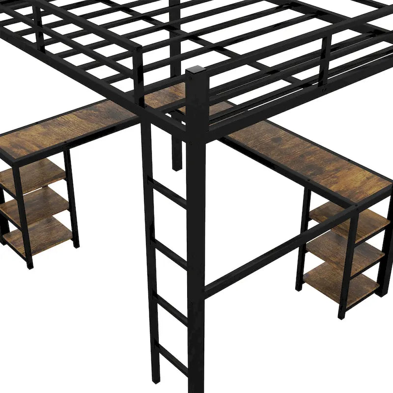 Vollmetall-Hochbett mit Schreibtisch und Regalen, Hochbett mit Leiter und Schutzgeländern, Hochbettgestell fürs Schlafzimmer, Schwarz