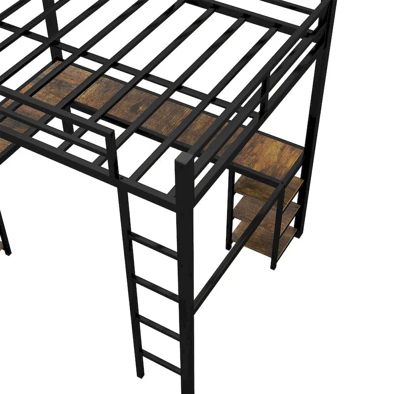 Vollmetall-Hochbett mit Schreibtisch und Regalen, Hochbett mit Leiter und Schutzgeländern, Hochbettgestell fürs Schlafzimmer, Schwarz