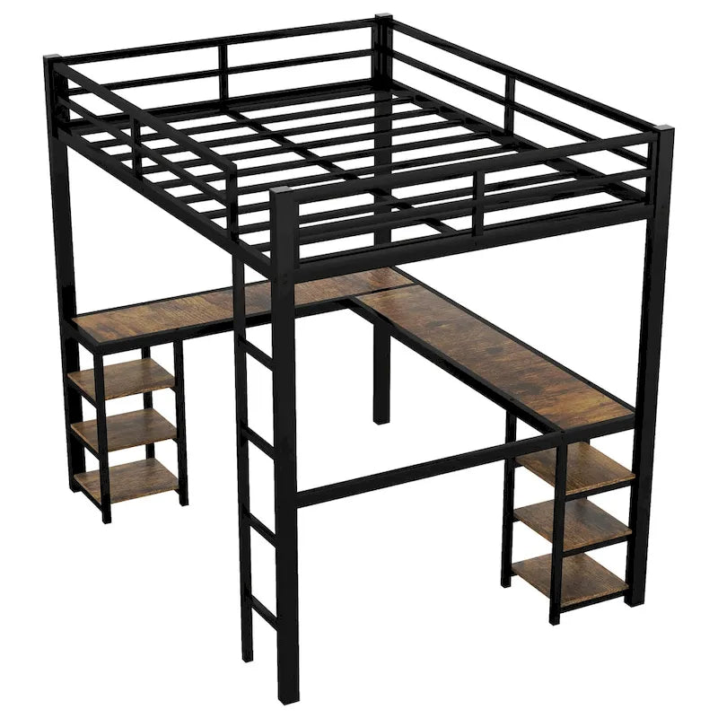 Vollmetall-Hochbett mit Schreibtisch und Regalen, Hochbett mit Leiter und Schutzgeländern, Hochbettgestell fürs Schlafzimmer, Schwarz