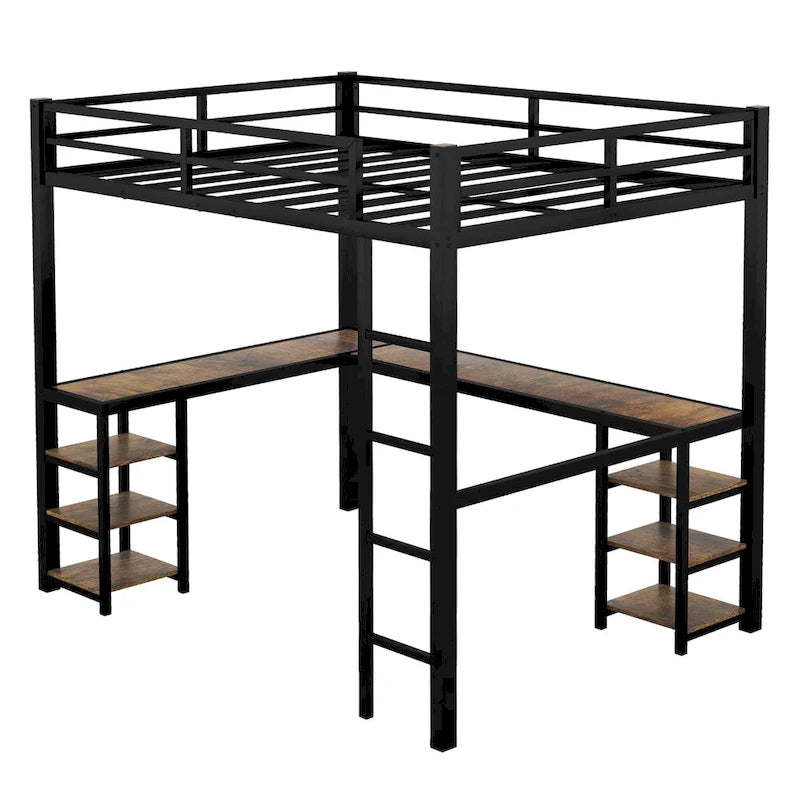 Vollmetall-Hochbett mit Schreibtisch und Regalen, Hochbett mit Leiter und Schutzgeländern, Hochbettgestell fürs Schlafzimmer, Schwarz