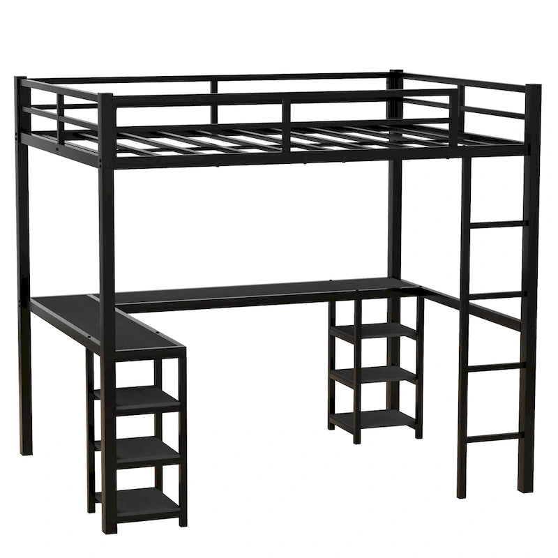 Vollmetall-Hochbett mit Schreibtisch und Regalen, Hochbett mit Leiter und Schutzgeländern, Hochbettgestell fürs Schlafzimmer, Schwarz