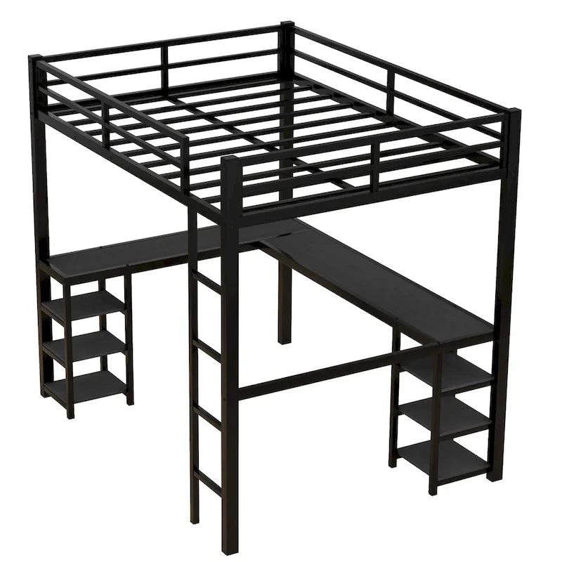 Vollmetall-Hochbett mit Schreibtisch und Regalen, Hochbett mit Leiter und Schutzgeländern, Hochbettgestell fürs Schlafzimmer, Schwarz