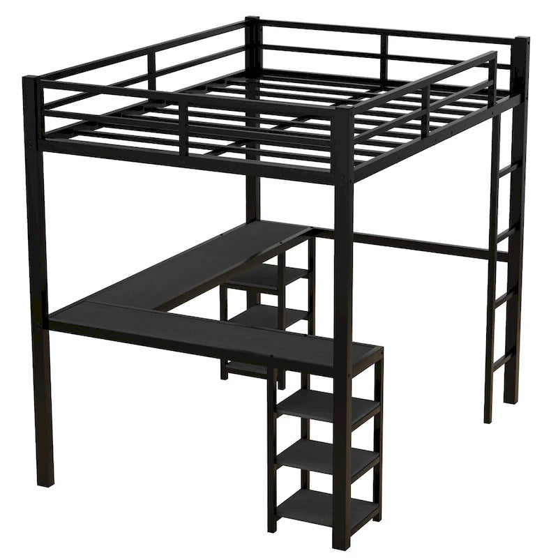 Vollmetall-Hochbett mit Schreibtisch und Regalen, Hochbett mit Leiter und Schutzgeländern, Hochbettgestell fürs Schlafzimmer, Schwarz