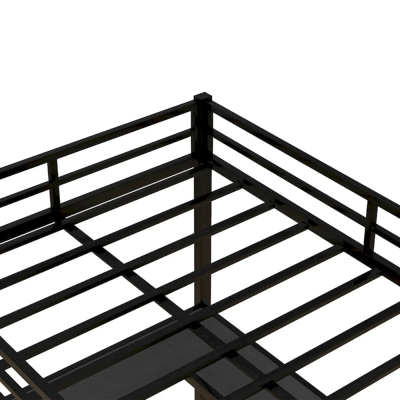 Vollmetall-Hochbett mit Schreibtisch und Regalen, Hochbett mit Leiter und Schutzgeländern, Hochbettgestell fürs Schlafzimmer, Schwarz