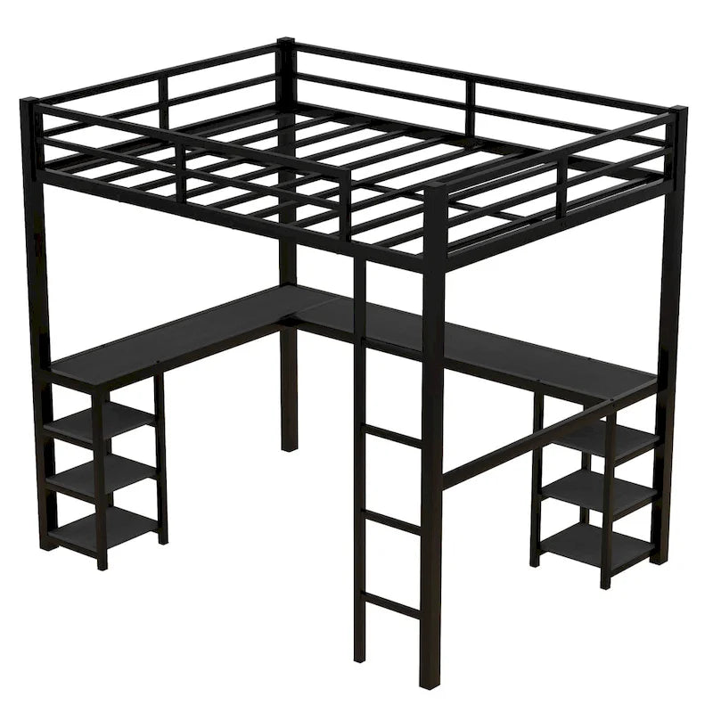 Vollmetall-Hochbett mit Schreibtisch und Regalen, Hochbett mit Leiter und Schutzgeländern, Hochbettgestell fürs Schlafzimmer, Schwarz