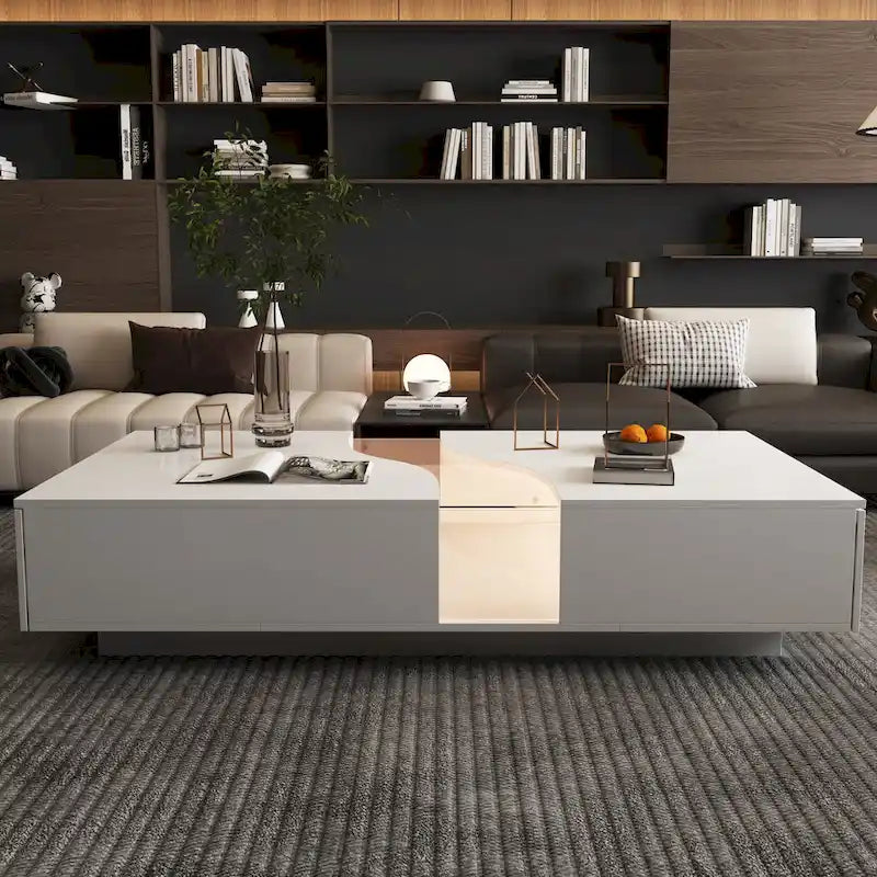Zeitgemäßer weißer Couchtisch mit Stauraum und farbiger LED-Kante - 55.1W