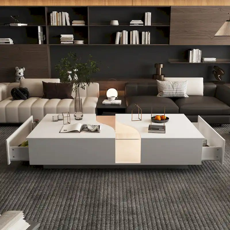 Zeitgemäßer weißer Couchtisch mit Stauraum und farbiger LED-Kante - 55.1W