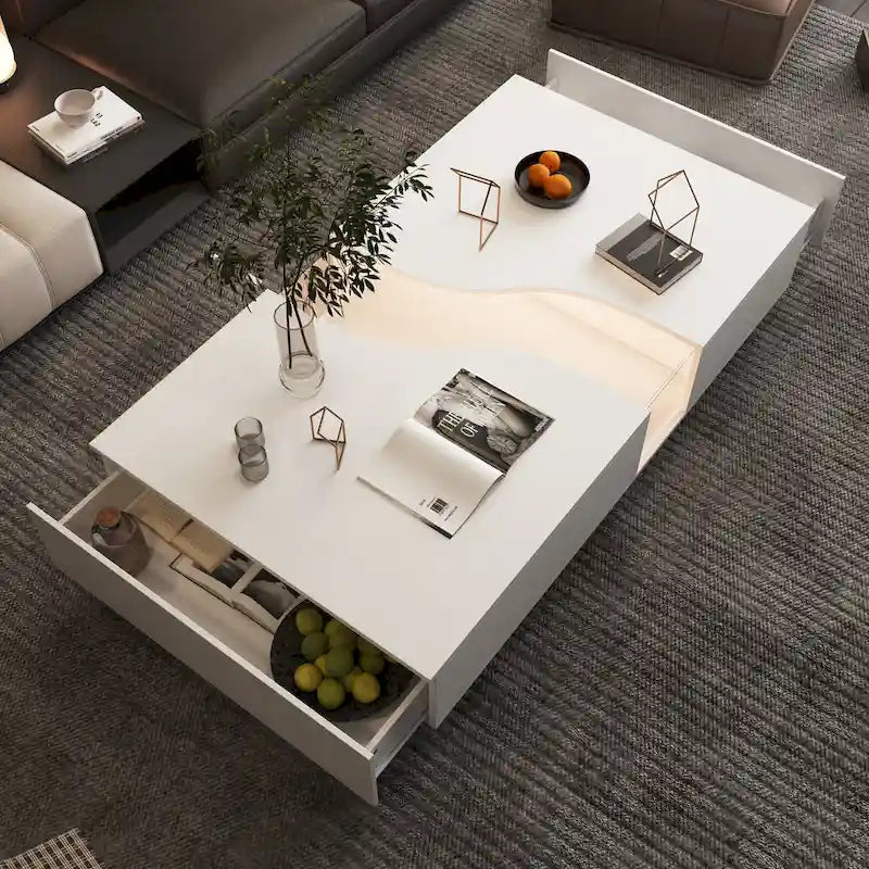 Zeitgemäßer weißer Couchtisch mit Stauraum und farbiger LED-Kante - 55.1W