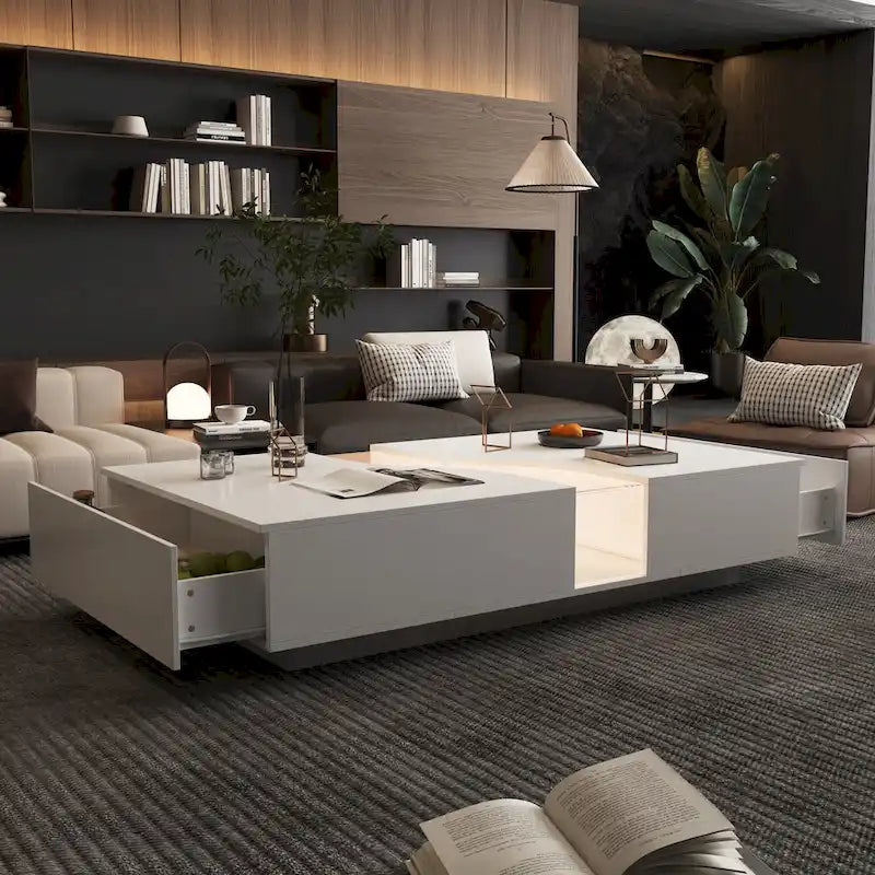 Zeitgemäßer weißer Couchtisch mit Stauraum und farbiger LED-Kante - 55.1W