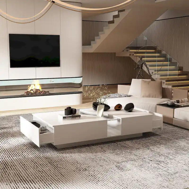 Zeitgemäßer weißer Couchtisch mit Stauraum und farbiger LED-Kante - 55.1W