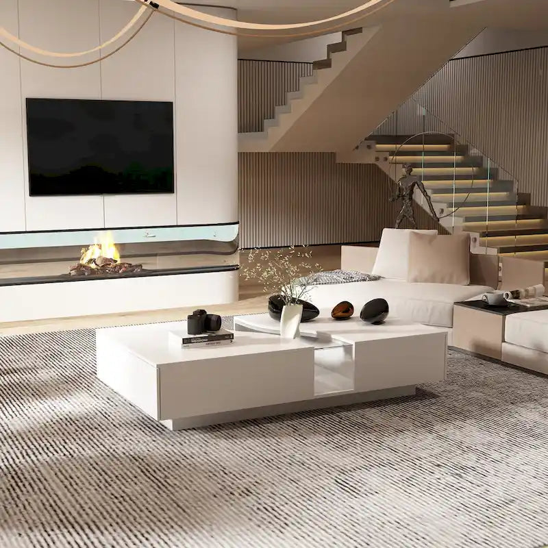 Zeitgemäßer weißer Couchtisch mit Stauraum und farbiger LED-Kante - 55.1W