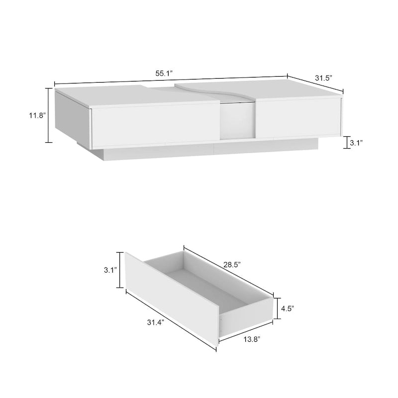 Zeitgemäßer weißer Couchtisch mit Stauraum und farbiger LED-Kante - 55.1W