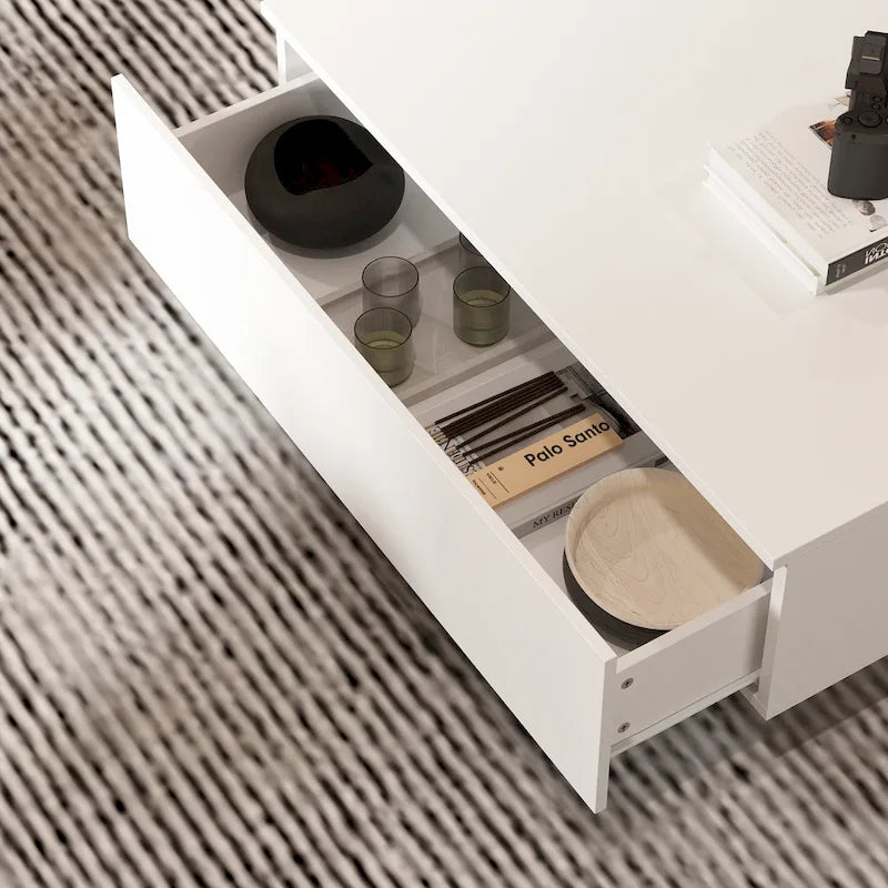 Zeitgemäßer weißer Couchtisch mit Stauraum und farbiger LED-Kante - 55.1W