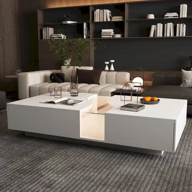 Zeitgemäßer weißer Couchtisch mit Stauraum und farbiger LED-Kante - 55.1W
