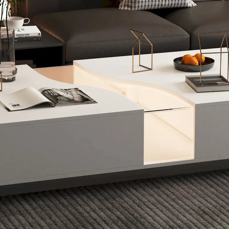 Zeitgemäßer weißer Couchtisch mit Stauraum und farbiger LED-Kante - 55.1W