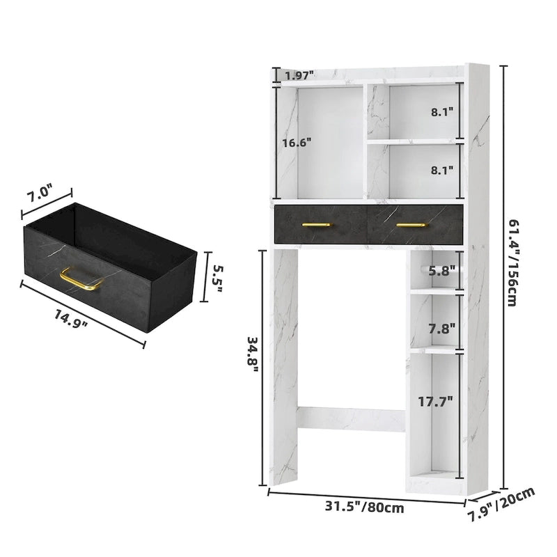 Meuble de rangement de salle de bain à placer au-dessus des toilettes, avec tiroirs et étagères