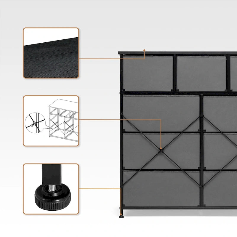 Extra breite Kommode mit 9 Stoffschubladen und Organizer