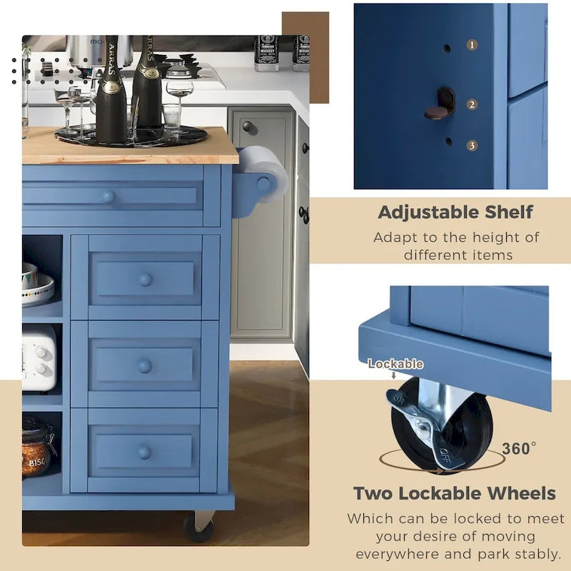 Küchenwagen mit Stauraum und 5 Schubladen, Gewürzregal, Handtuchhalter, rollbare mobile Kücheninsel mit Arbeitsplatte aus Gummibaumholz