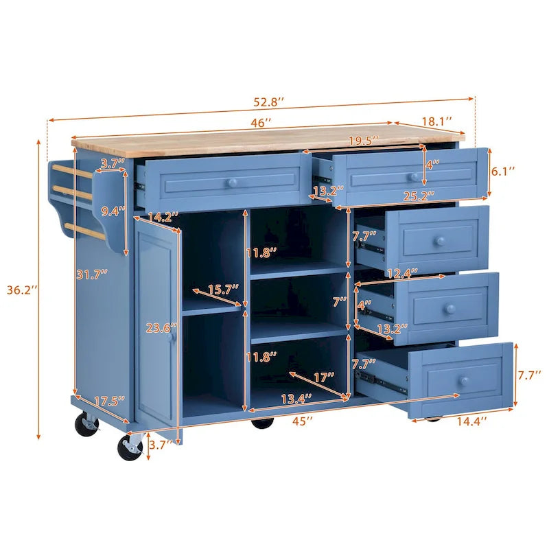 Chariot de cuisine avec rangement et 5 tiroirs, porte-épices, porte-serviettes, plateau en bois d’hévéa, îlot de cuisine mobile à roulettes