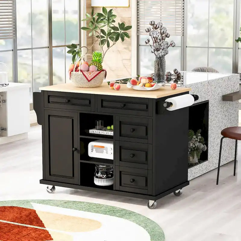 Chariot de cuisine avec rangement et 5 tiroirs, porte-épices, porte-serviettes, plateau en bois d’hévéa, îlot de cuisine mobile à roulettes