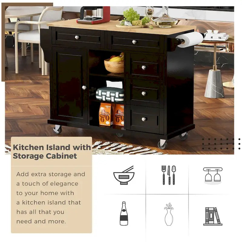 Chariot de cuisine avec rangement et 5 tiroirs, porte-épices, porte-serviettes, plateau en bois d’hévéa, îlot de cuisine mobile à roulettes