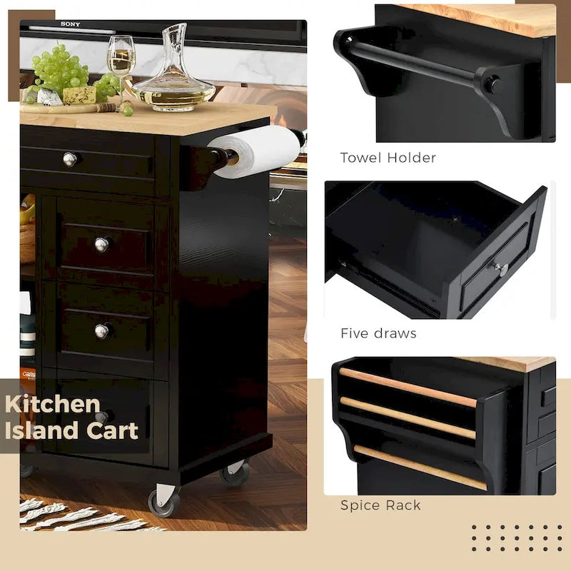 Chariot de cuisine avec rangement et 5 tiroirs, porte-épices, porte-serviettes, plateau en bois d’hévéa, îlot de cuisine mobile à roulettes